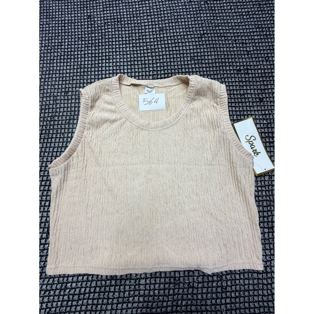 Spark Tank Top Women 3X Beige New Crinkle Textured Sleeveless Crew Neck Crop